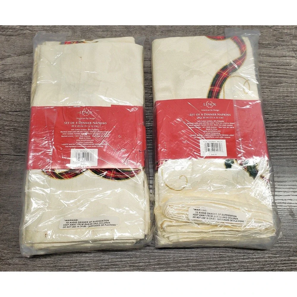 Lenox Holiday Nouveau Dinner Napkins Christmas Plaid Gold Ribbon Set Of 8 New